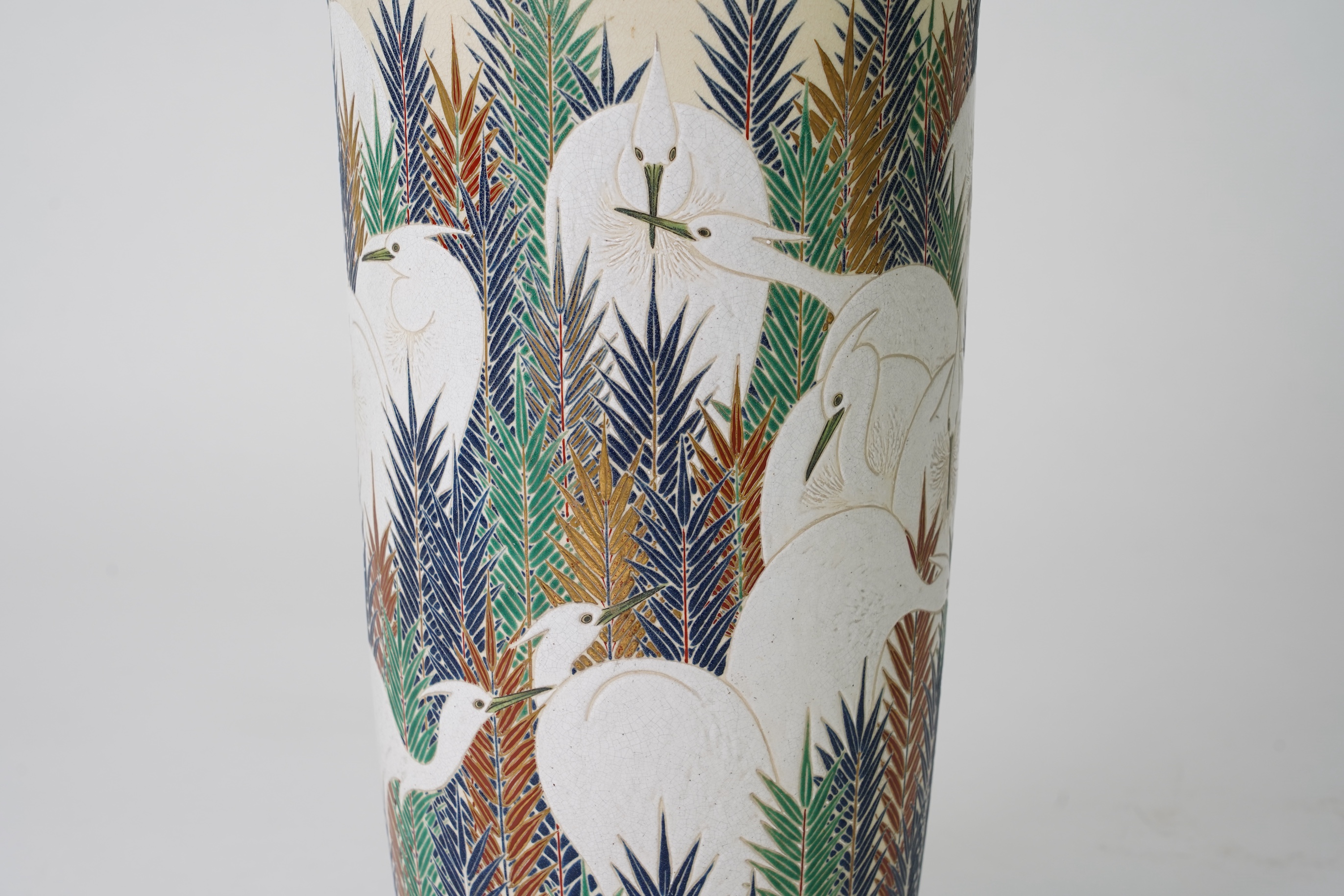 An exhibition size Japanese Satsuma ‘egrets’ vase, Meiji period, signed Tansai